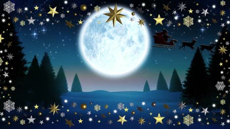 Animation-of-christmas-decorations-and-santa-claus-in-sleigh-with-reindeer-over-full-moon