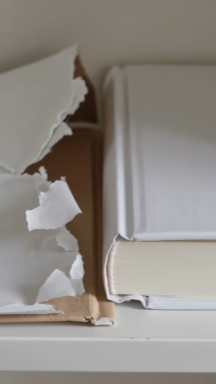 Vertical video: Panning camera revealing torn paper on cardboard and white books on shelf for cover
