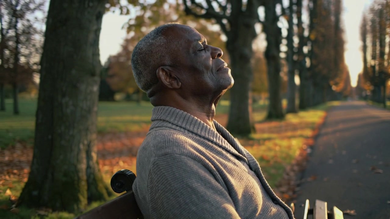 Câmera recuando, revelando um homem idoso sentado em um banco à beira de um caminho arborizado, mostrando o sol, cardigã.
