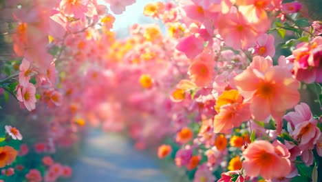 a bunch of pink and orange flowers on a tree