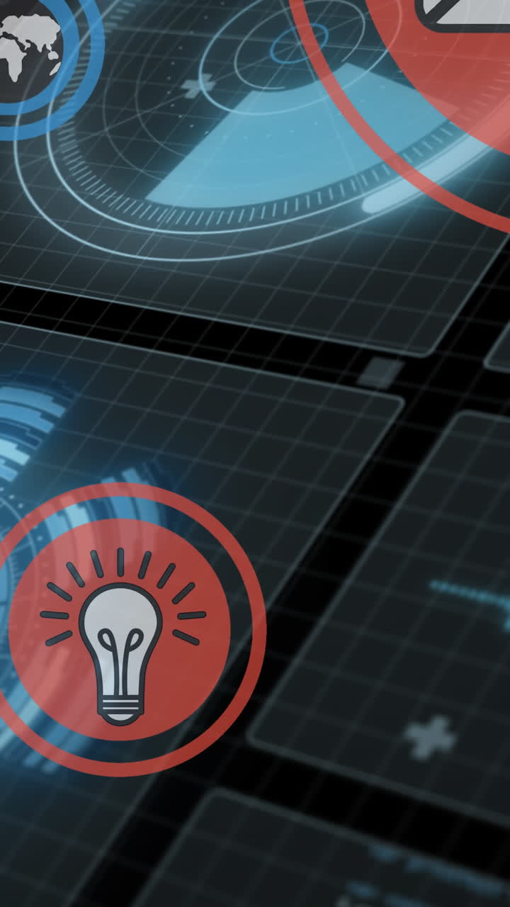 Multiple digital icons against screens with data processing on black background