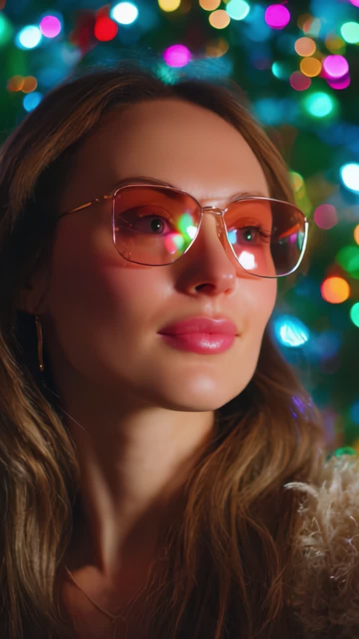 Eine glamouröse Frau mit einer schicken Sonnenbrille, umgeben von bunten Lichtern, die das Wesen von Festlichkeit und schicker Mode in einer lebhaften Atmosphäre einfängt