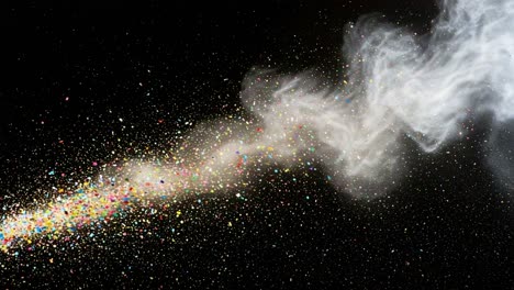 a mesmerizing display of colorful confetti and ethereal smoke, captured in dramatic motion against a dark background, creating a stunning visual experience