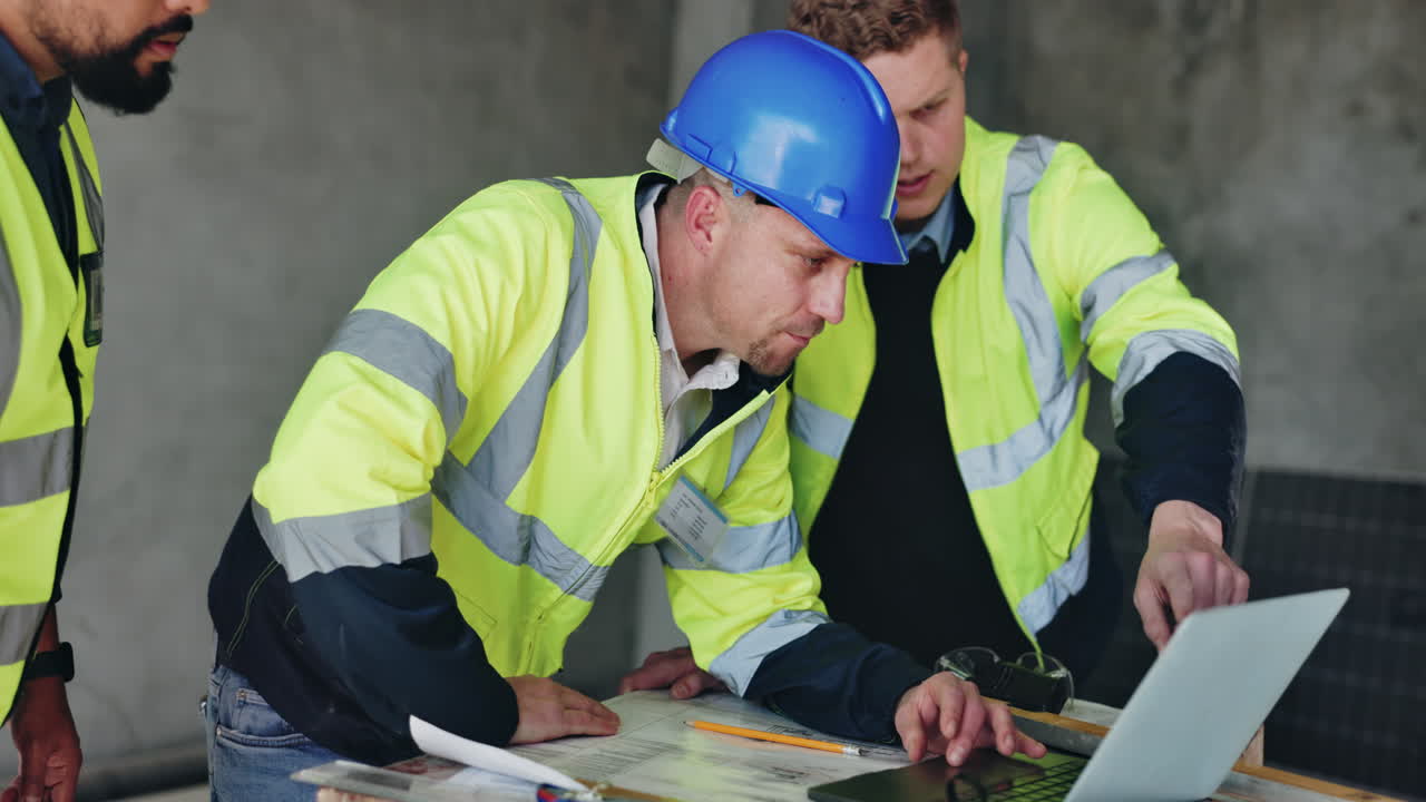 equipo de construcción revisando los planes en la computadora portátil
