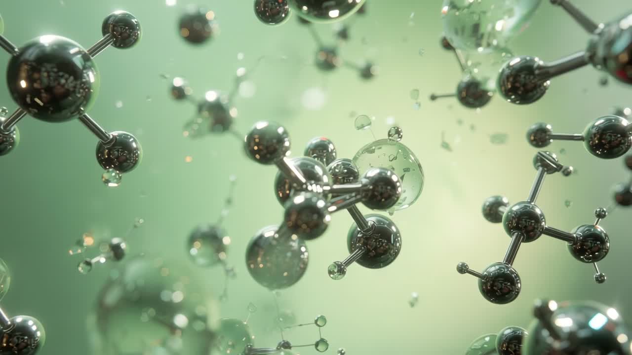 Gliding camera in green molecular suspension at scene start, revealing rotating metallic clusters