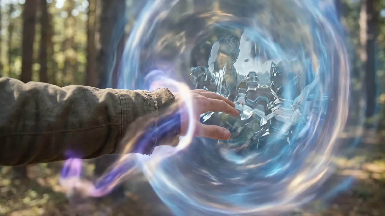 Human Hand Interacting with a Glowing Blue Portal in a Forest