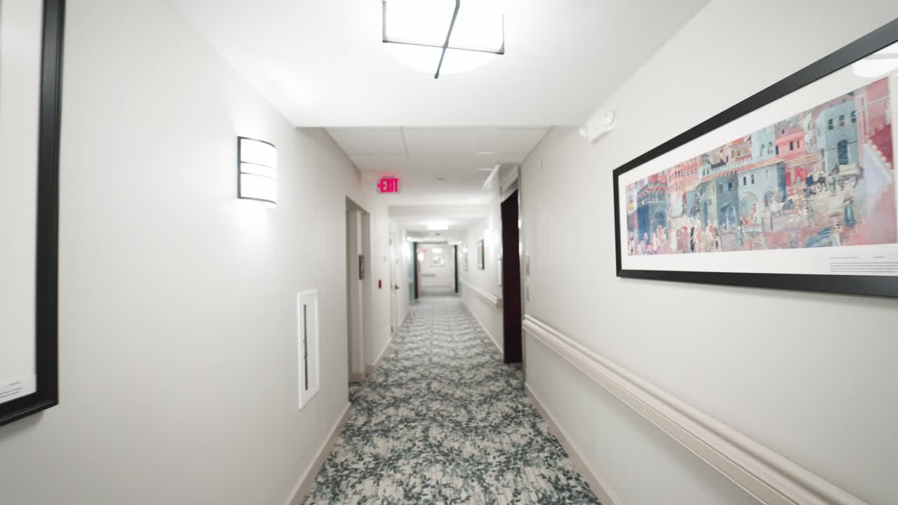Slow motion gimbal footage of a nursing home hallway