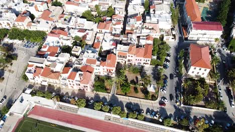downtown buildings of rethymno from above on sunny day