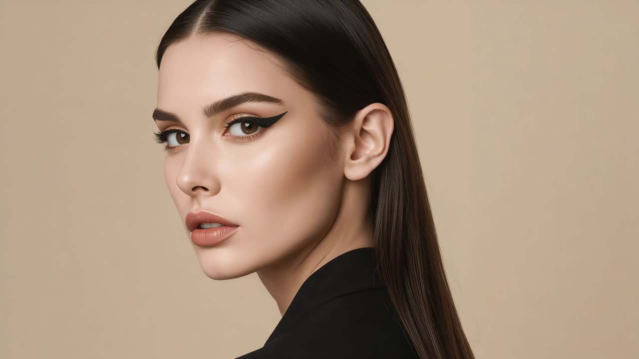 Camera cueing model tilting head and lowering gaze in studio showing bold eyeliner and black blazer