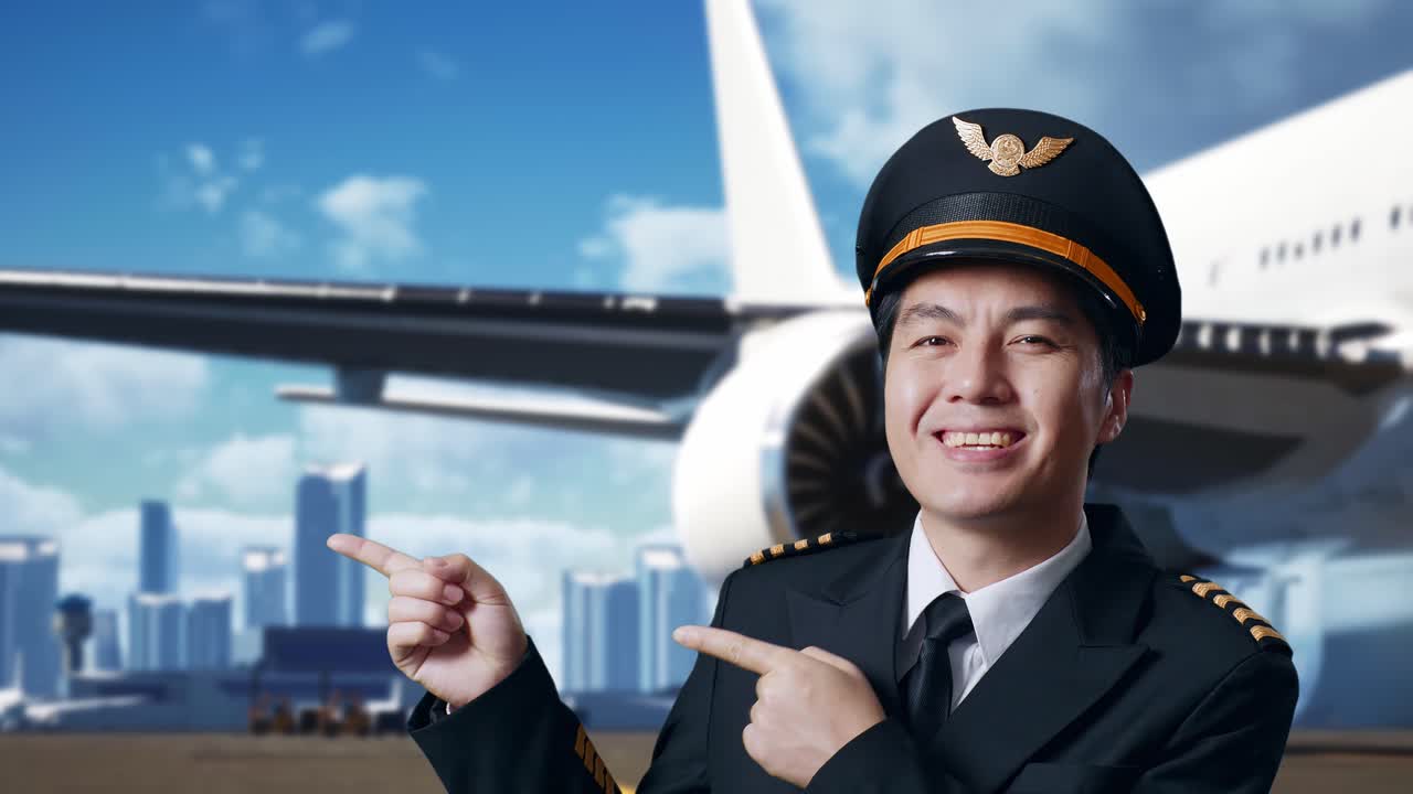 배경 에 비행기 와 함께 공항 에 서 있는 동안 웃고  을 가리키는 아시아 사람 조종사 의 근접