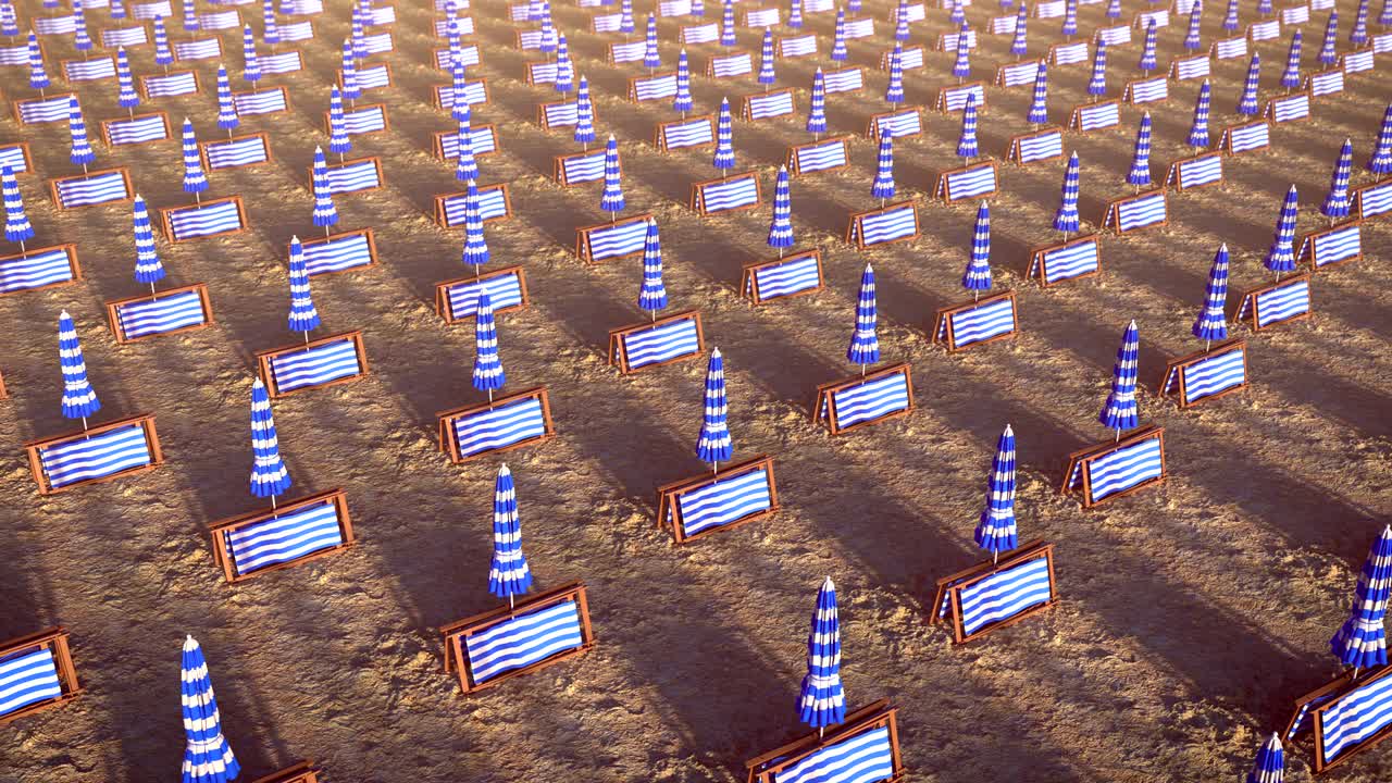 A lot of closed sun umbrellas and deck chairs at the empty beach in the end of the summer, looping 3D animation