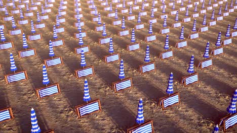 a lot of closed sun umbrellas and deck chairs at the empty beach in the end of the summer, looping 3d animation