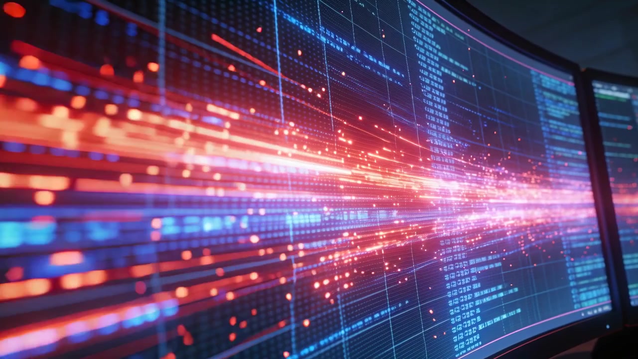 Streaming curved monitor wall on data feed in control room, showing red-blue streaks, code columns