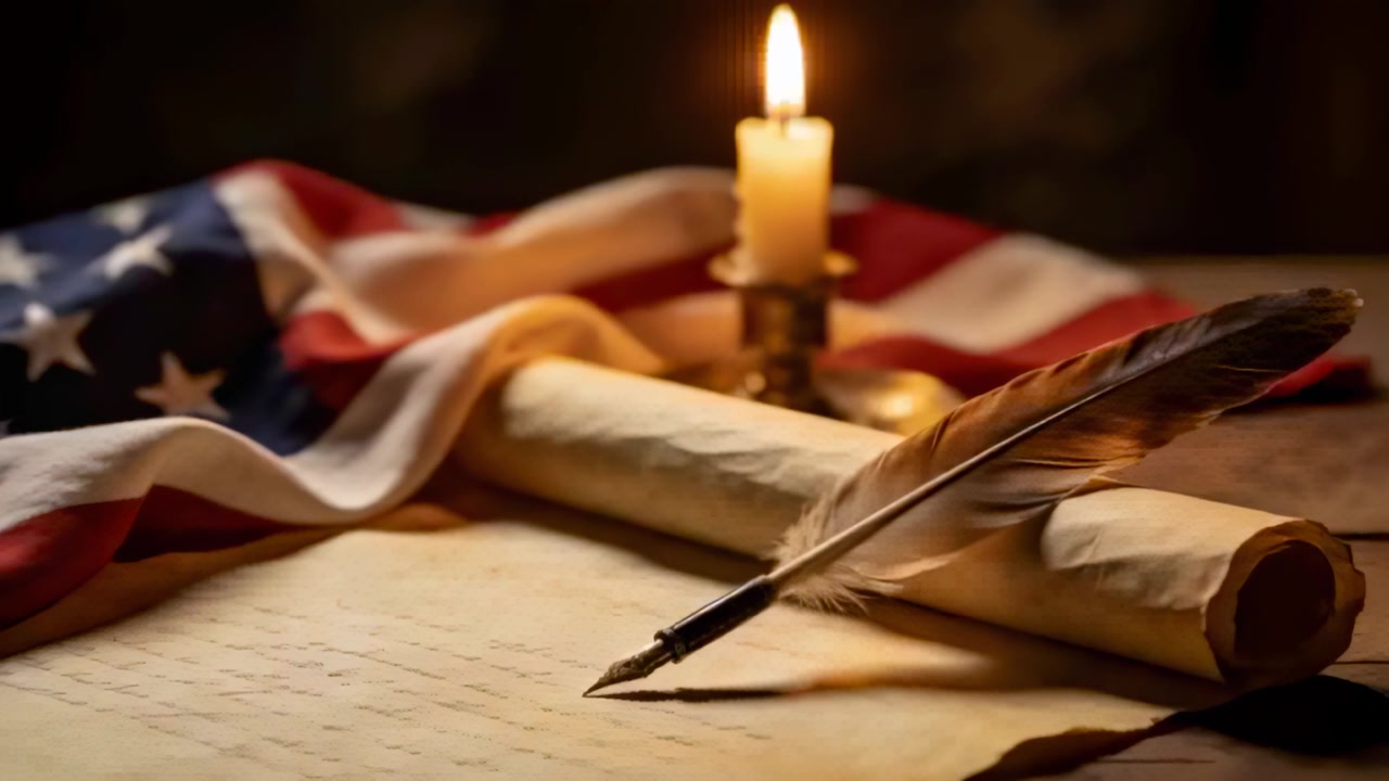 Flickering candlelight casting warm glow across metal-nib quill, rolled parchment, folded US flag