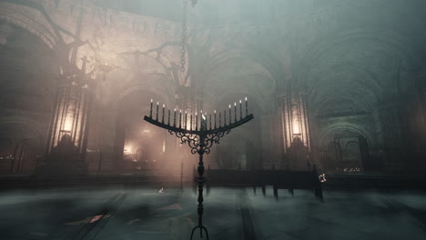 dark gothic cathedral interior with menorah