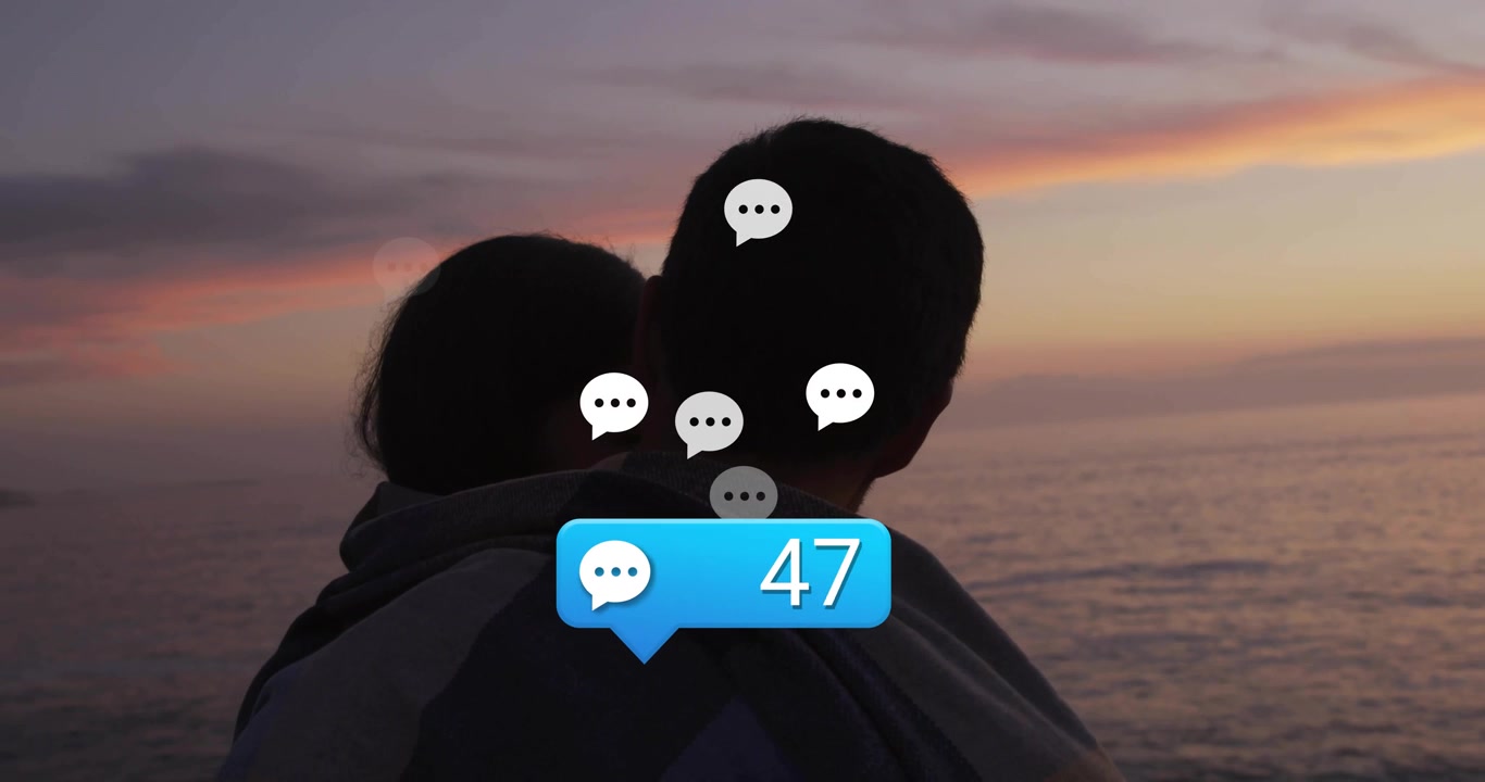 Couple embracing seaside cliff chat bubble initiating notification counting messages showing growth