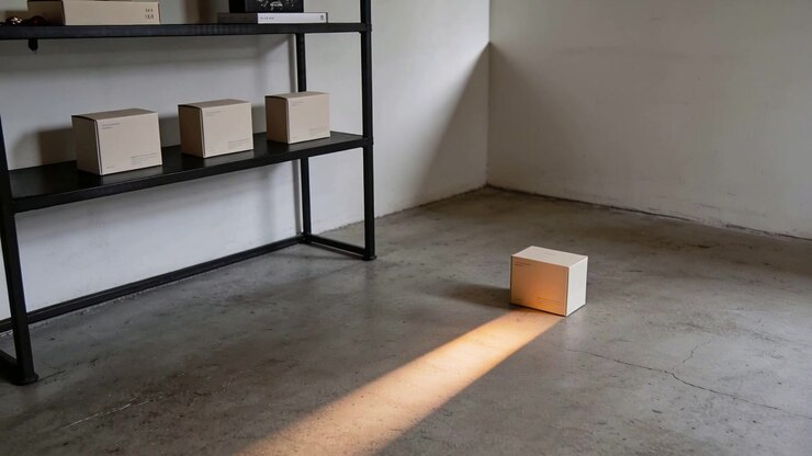 Sliding sunlight beam from opening illuminating small cube on floor near shelf, rotating slightly