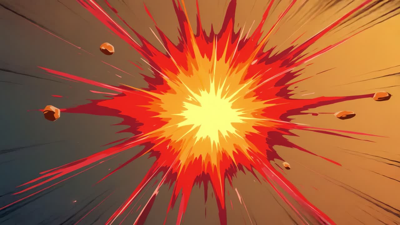 Explosive Burst of Energy Captured in Dynamic Animation, Showcasing Vibrant Red and Yellow Colors with Surrounding Debris in Dramatic Style