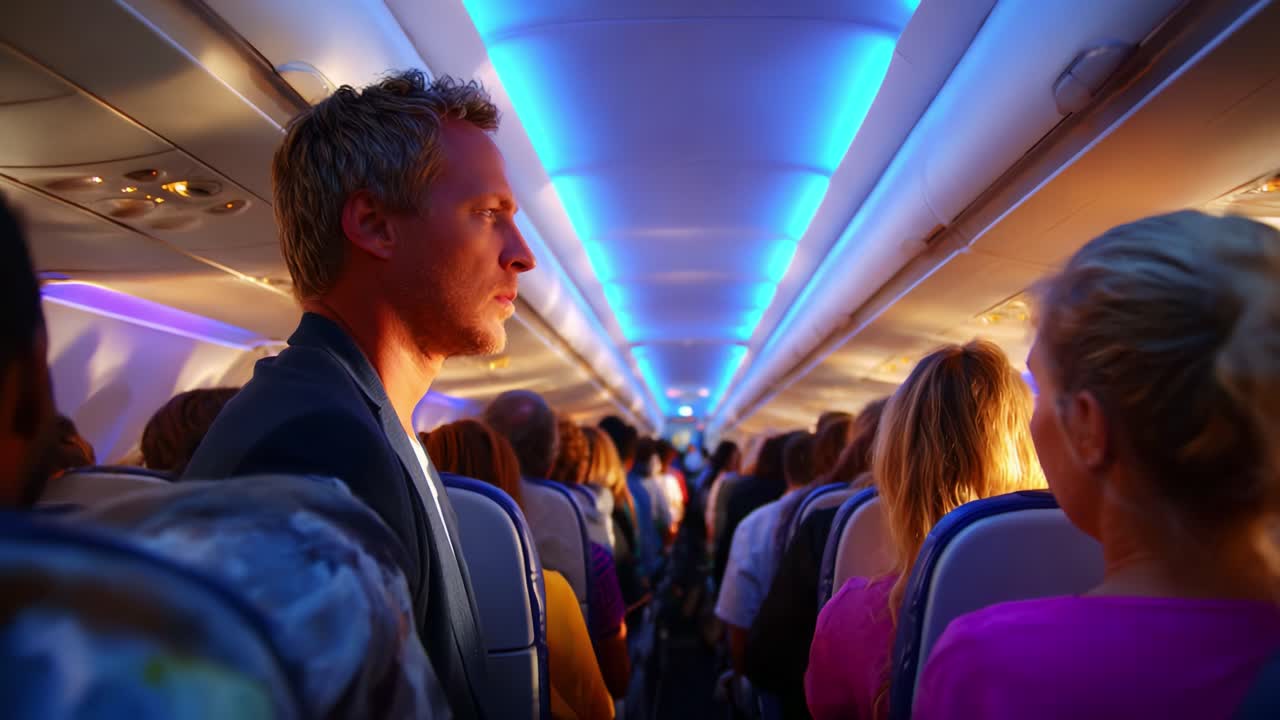 A Quiet Moment Captured Inside an Airplane Cabin: Passengers Immersed in Their Thoughts Amidst Soft, Ambient Lighting, Highlighting the Unique Atmosphere of Air Travel Experience