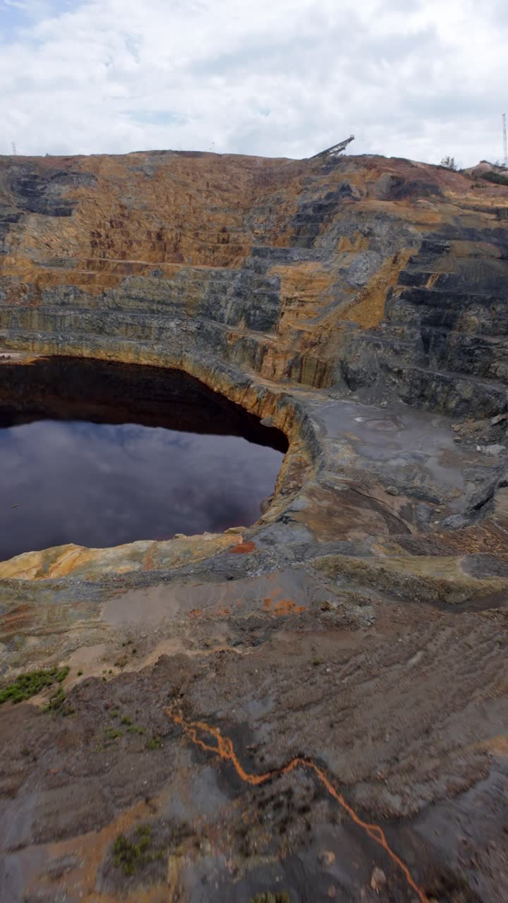 Open-pit gold and silver mine, Barrick Gold, Cotui, Dominican Republic. Aerial drone FPV, vertical