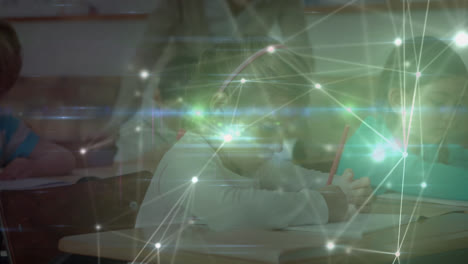 animation of network of connection over diverse pupils in classroom
