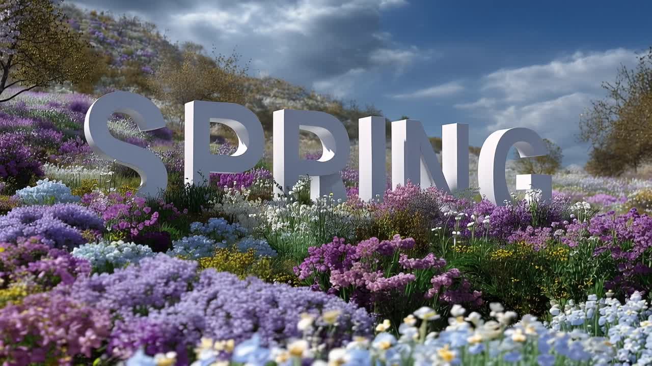 Vibrant spring blooms burst beneath bold white letters. Purple and white flowers dance under sunny skies. Trees stand bare, hinting at season's gentle turn. Bright clouds drift above, casting soft