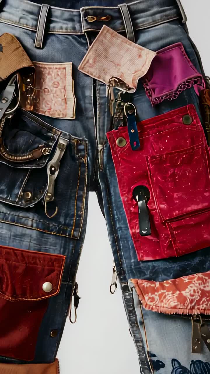Vertical video: Panning camera revealing denim pants in studio, showing red pouch and keychain