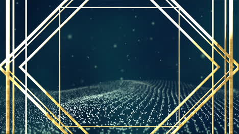 animating geometric shapes and digital particles over dark background