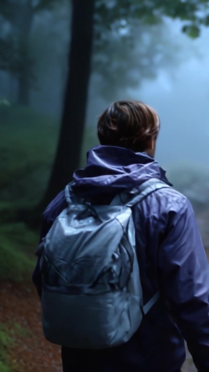 A solitary individual wearing a rain jacket and carrying a backpack walks through a misty forest trail, immersed in nature amidst rain and fog.