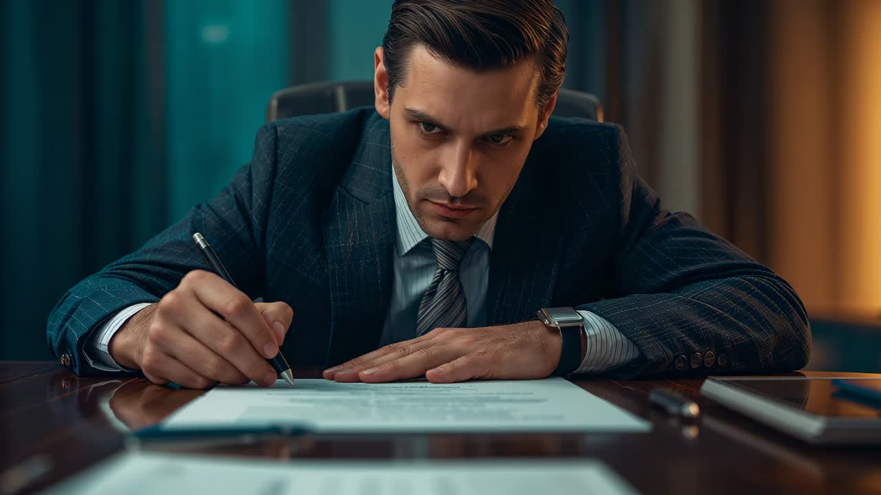 Writing suited exec leaning in, steadying paper, signing contract at desk with pen, approving deal