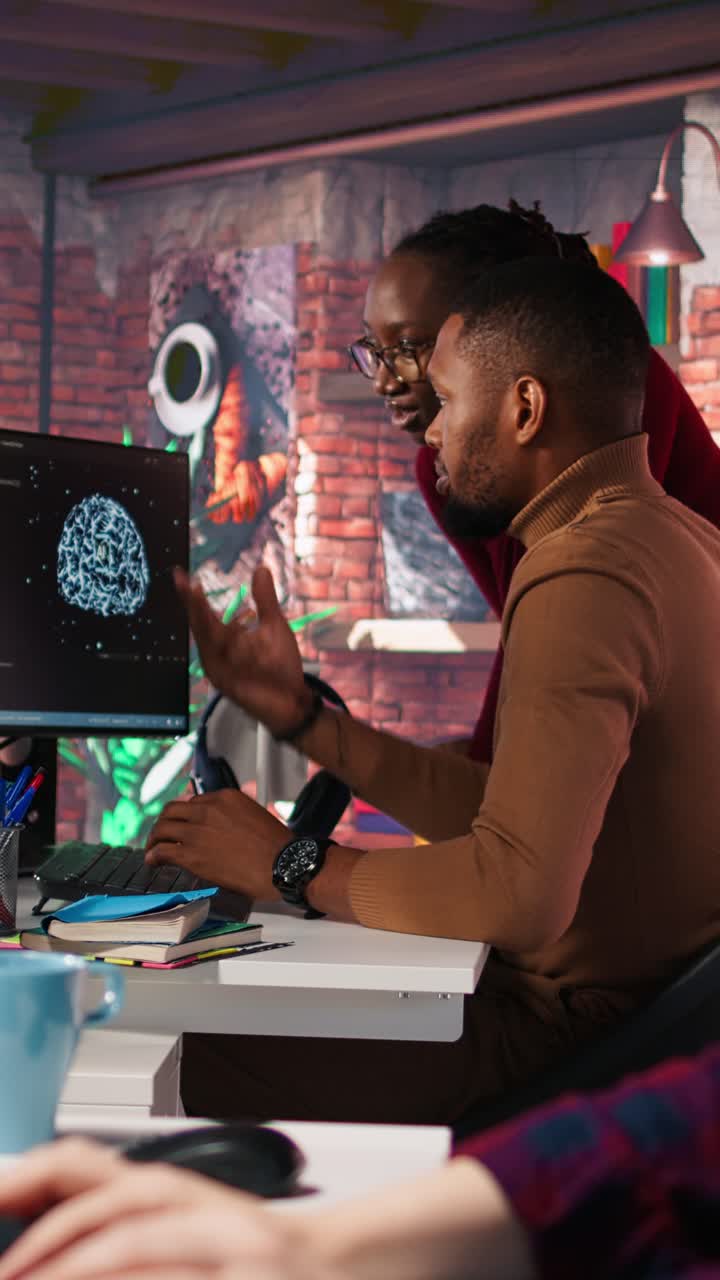 Vertical video Artificial intelligence startup coworkers doing brainstorming, optimizing code