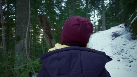 Close-up-shot-of-a-woman-looking-along-a-snow-covered-trial-in-the-Vosges-mountains