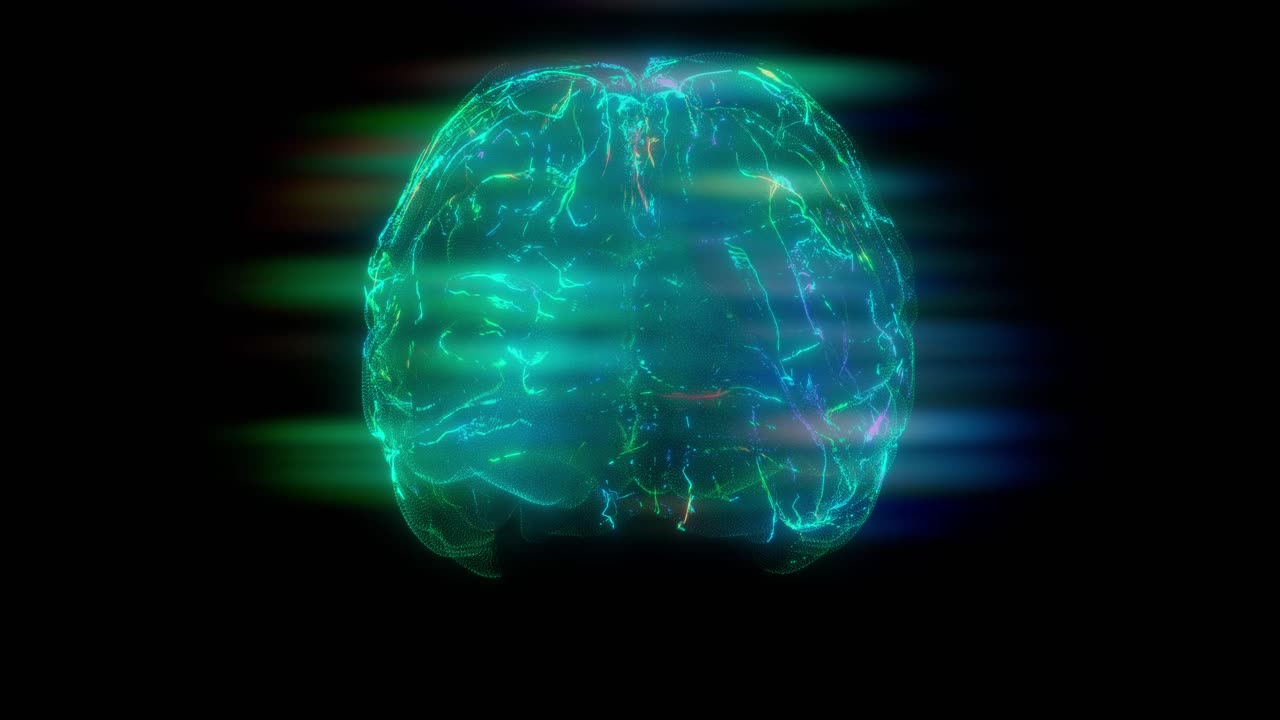animación rotativa de la actividad cerebral digital, el flujo de sinapsis y las conexiones neuronales