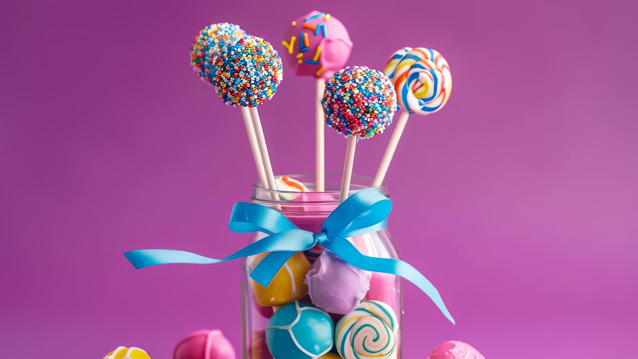 Colorful candy display in a glass jar. A glass jar filled with assorted candies and cake pops on a bright purple background