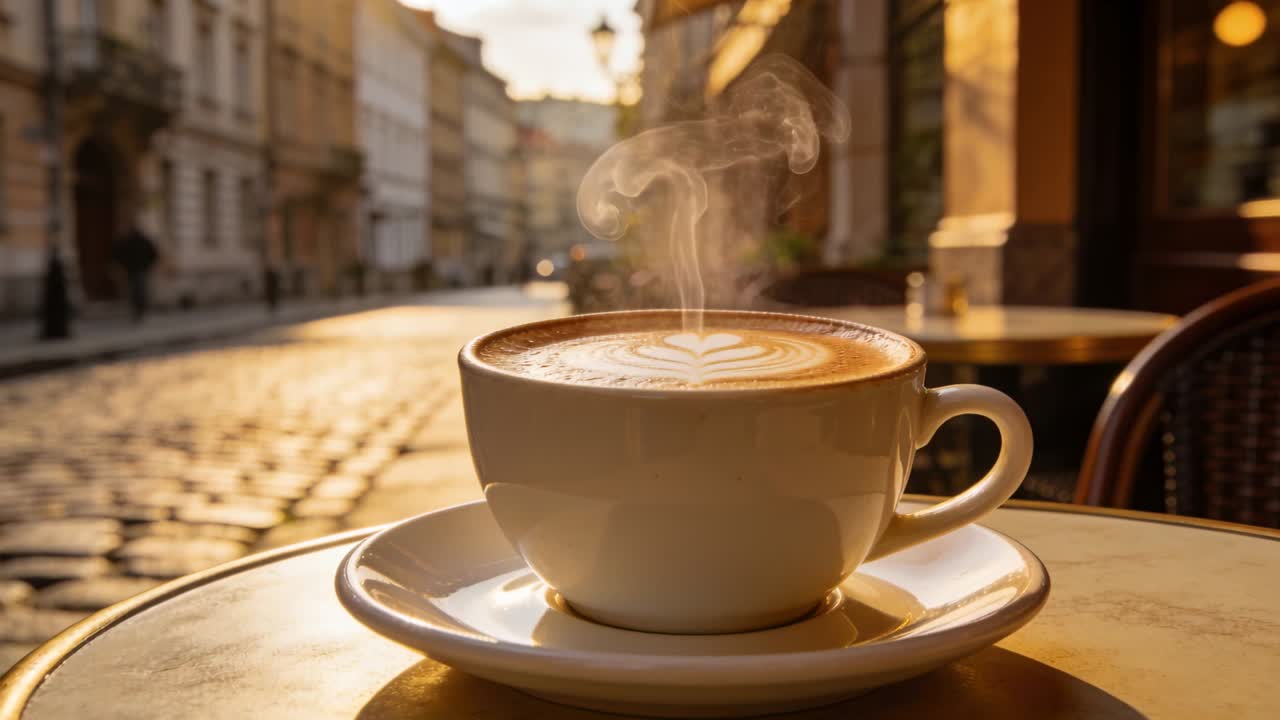Dampende hvid kop med latte-kunst, damp stiger fra den varme drik ved brostensbelagt café, solbeskinnet.