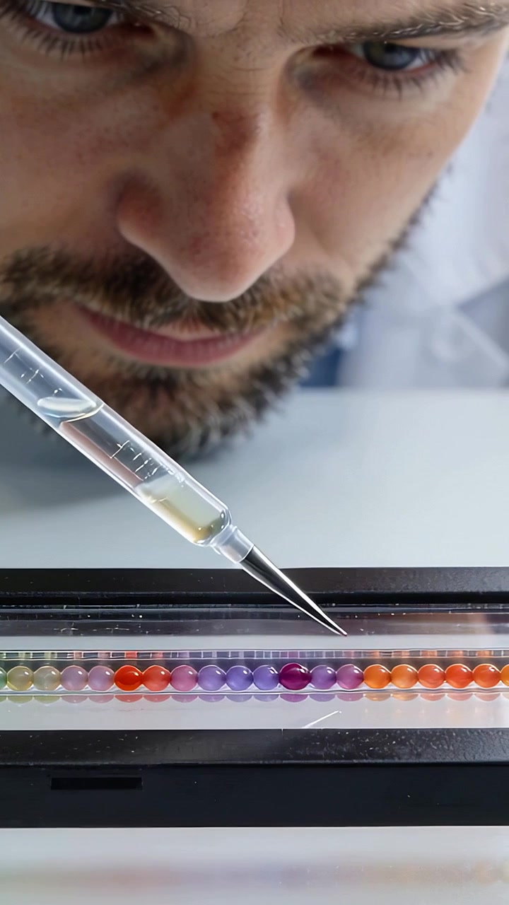 Vertical video: Drop at pipette spurring man in lab coat adding liquid to purple bead on clear tray