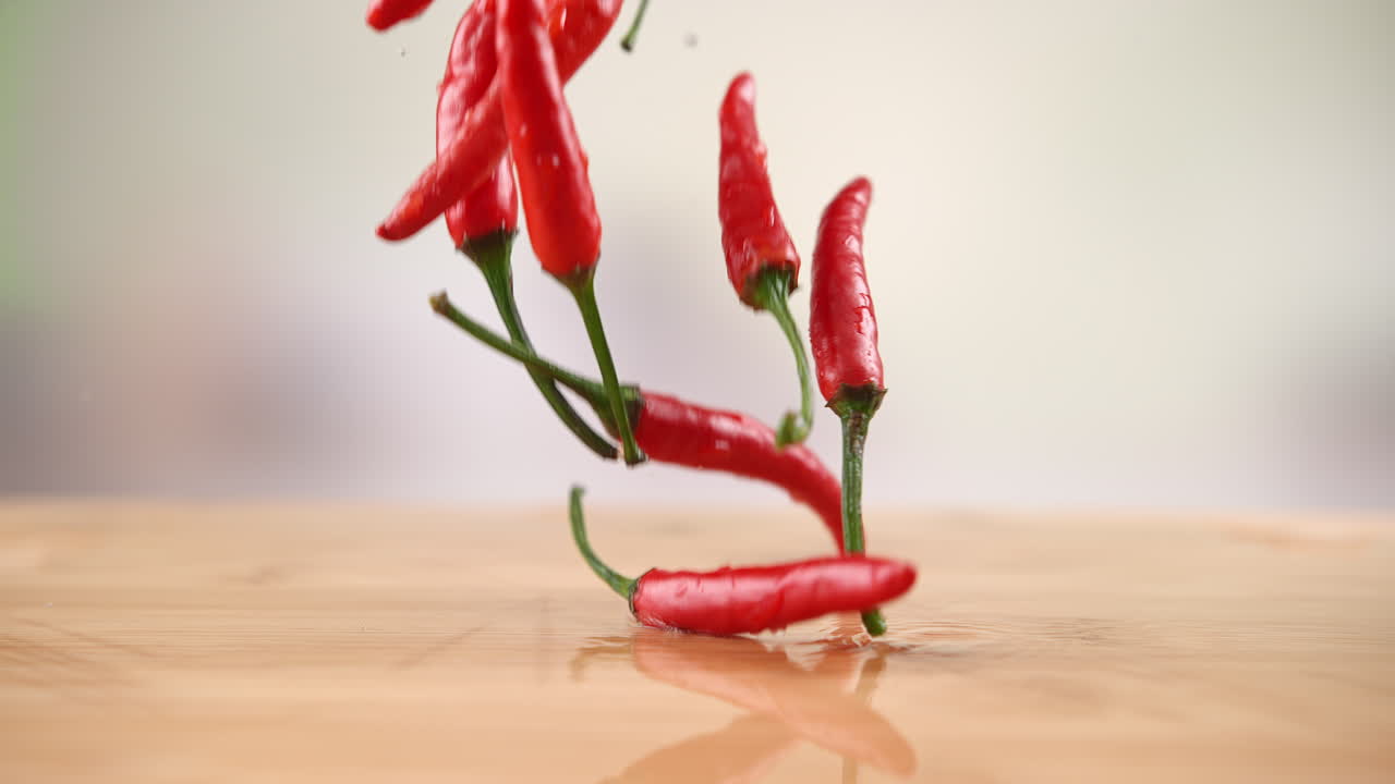 Hot Chili Peppers Falling Onto The Wet Wooden Cutting Board, Bouncing And Splashing Water Drops Around in Macro and Slow Motion