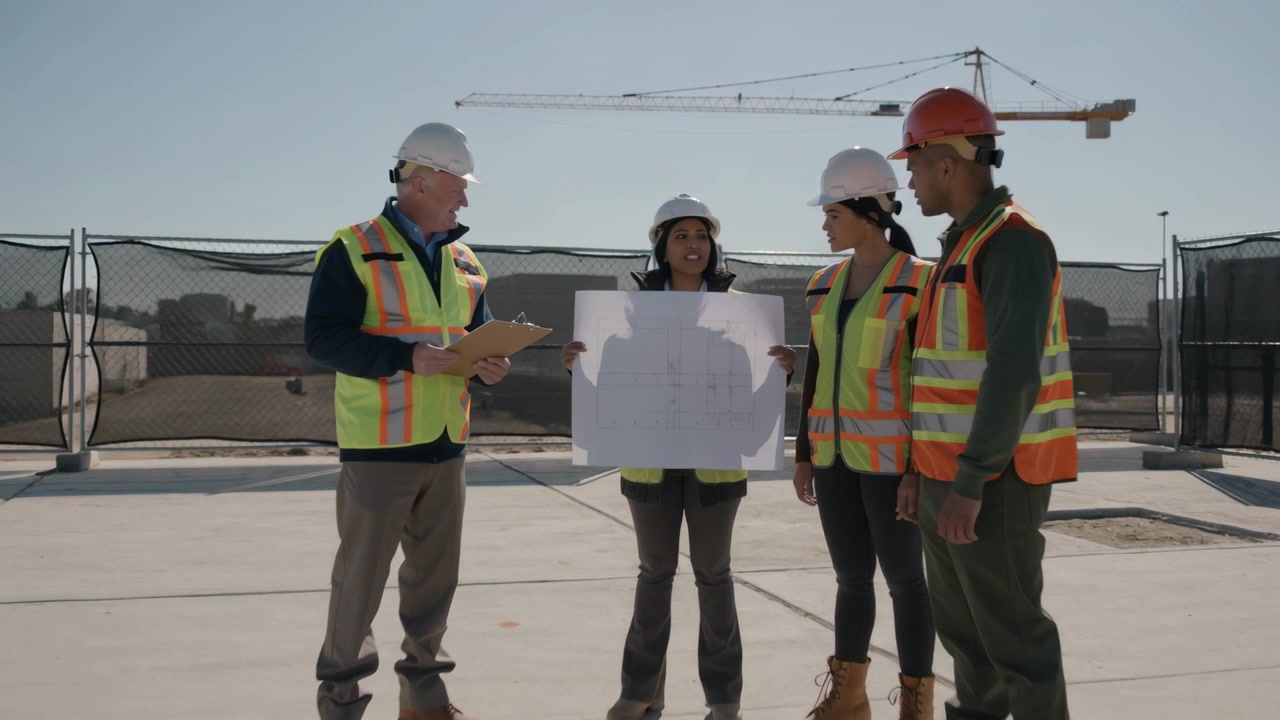 Pointing lead starting team reviewing plans on rooftop with clipboard in helmets vests