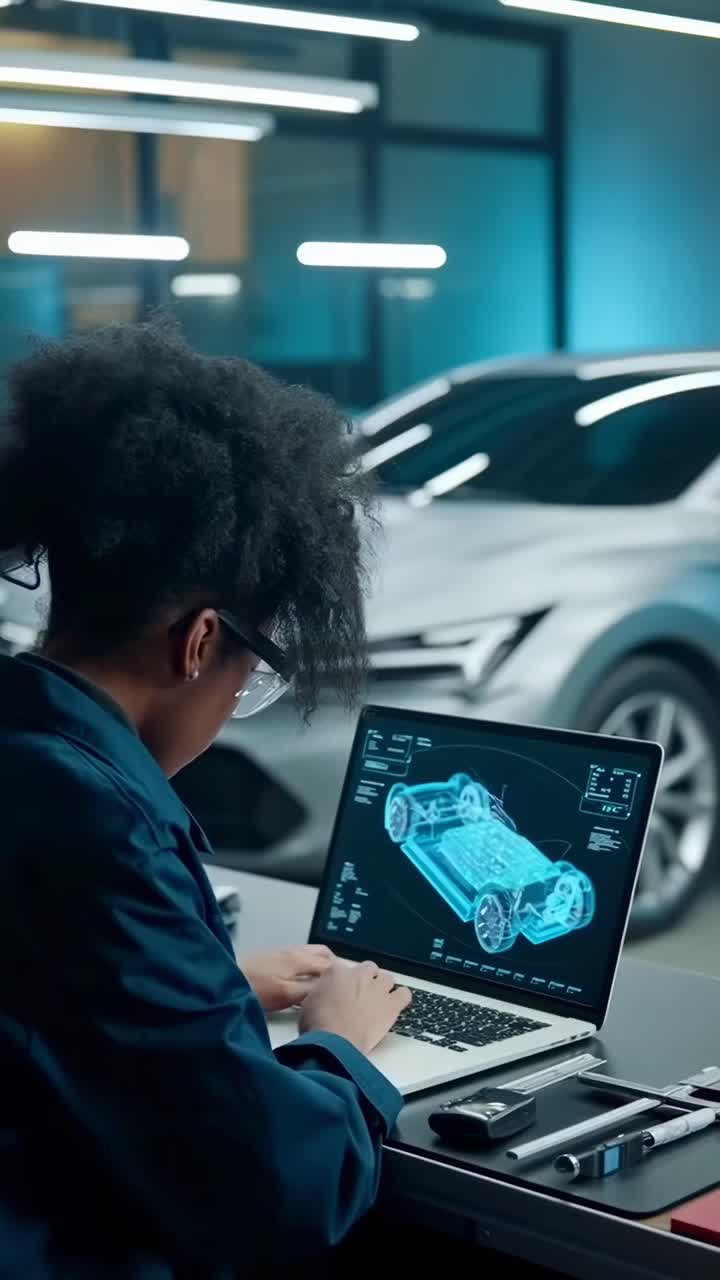 Plano cenital de un diseñador trabajando en un vídeo de un modelo de coche futurista, en un estudio moderno.