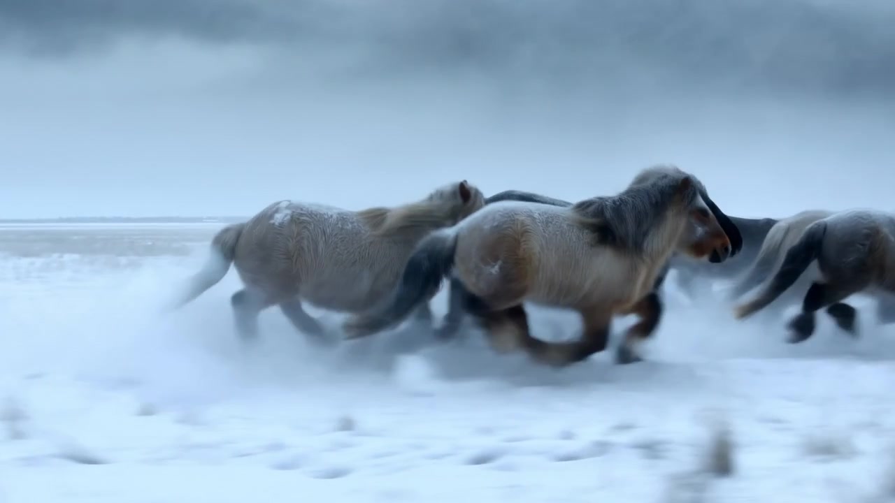 Several horses gallop in a side view across an open snowy plain under a cloudy winter sky, with strong motion blur and a sense of speed and freedom