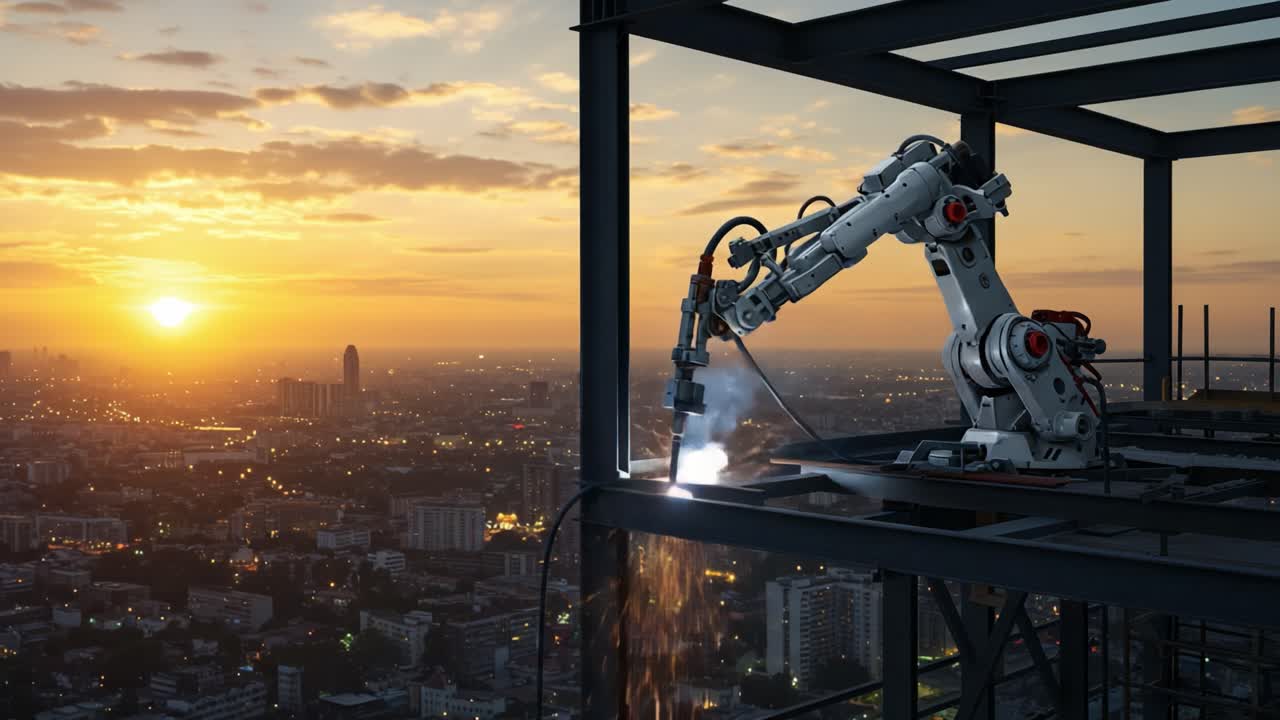 A Robotic Arm Engaged in Precision Welding at Sunset Overlooking a City Skyline, Demonstrating Advanced Technology and Automation in Construction