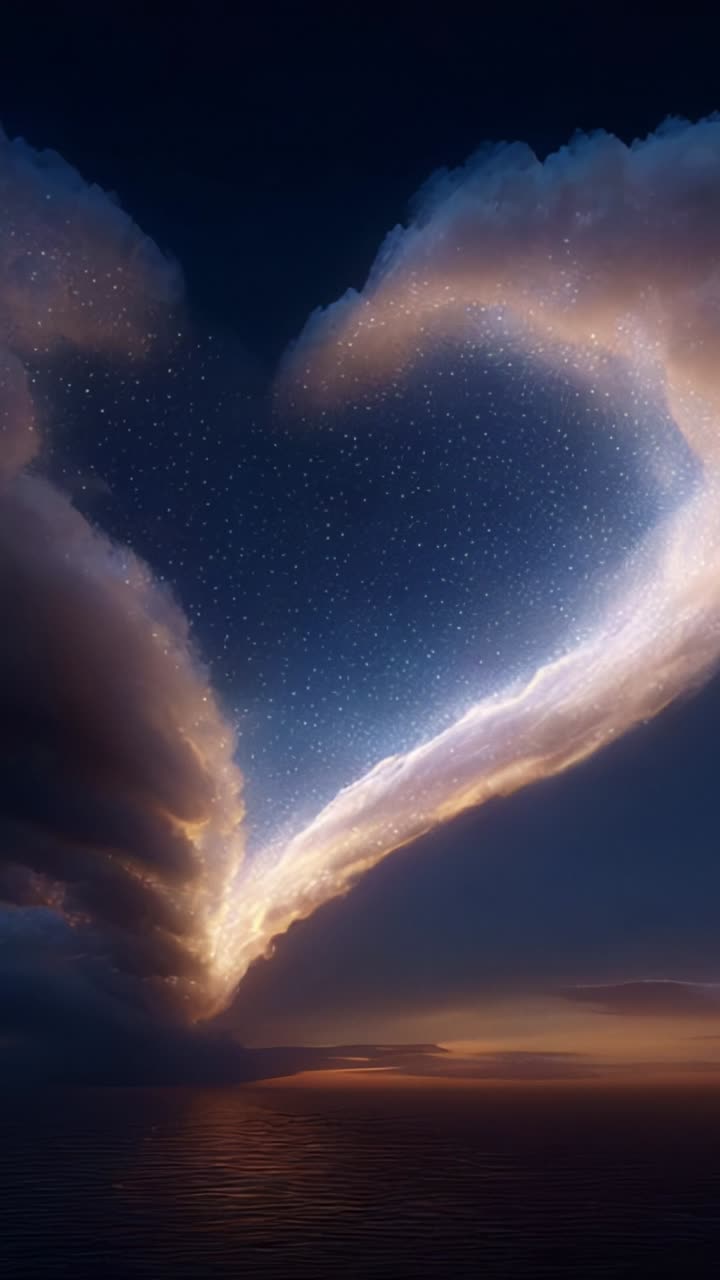 A breathtaking display of clouds forming a heart shape in the night sky, illuminated by starlight and a soft glow, reflecting on the tranquil ocean below