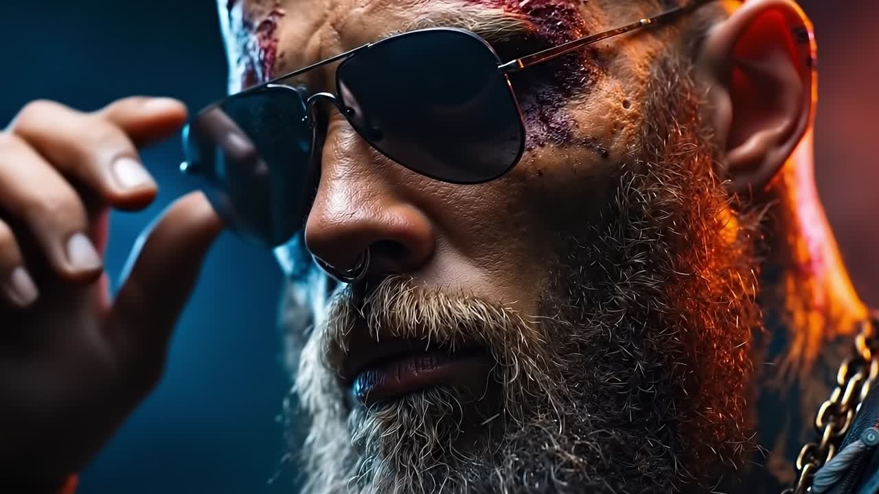 un hombre con barba que usa gafas de sol y una cadena alrededor de su cuello