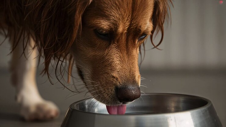 Brauner langhaariger Hund bemerkt Edelstahlnapf, senkt Kopf und schlabbert Wasser, Wellen sichtbar