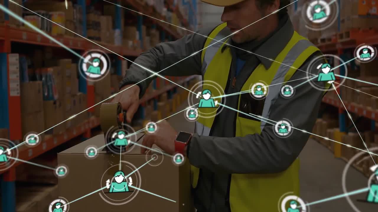animación de una red de iconos de perfil sobre un trabajador caucásico que empaca una caja de entrega en un almacén