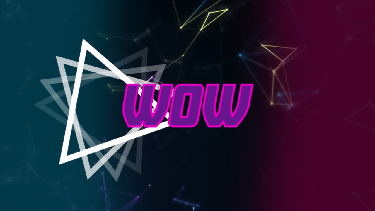 Animazione del testo 'wow' su forme a triangolo su sfondo nero