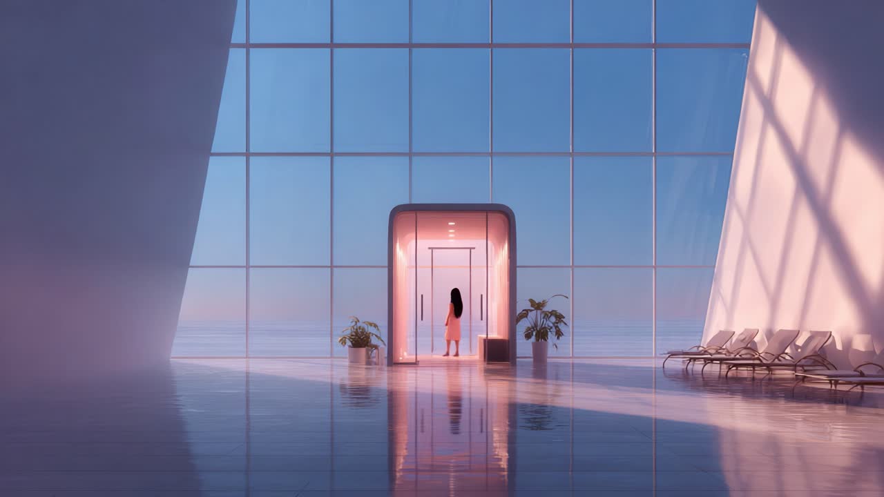 Serene Modern Space: A Tranquil Escape with Open Door Framing Lush Landscape and Soft Lighting, Inviting Calmness and Reflection in a Contemporary Architectural Setting