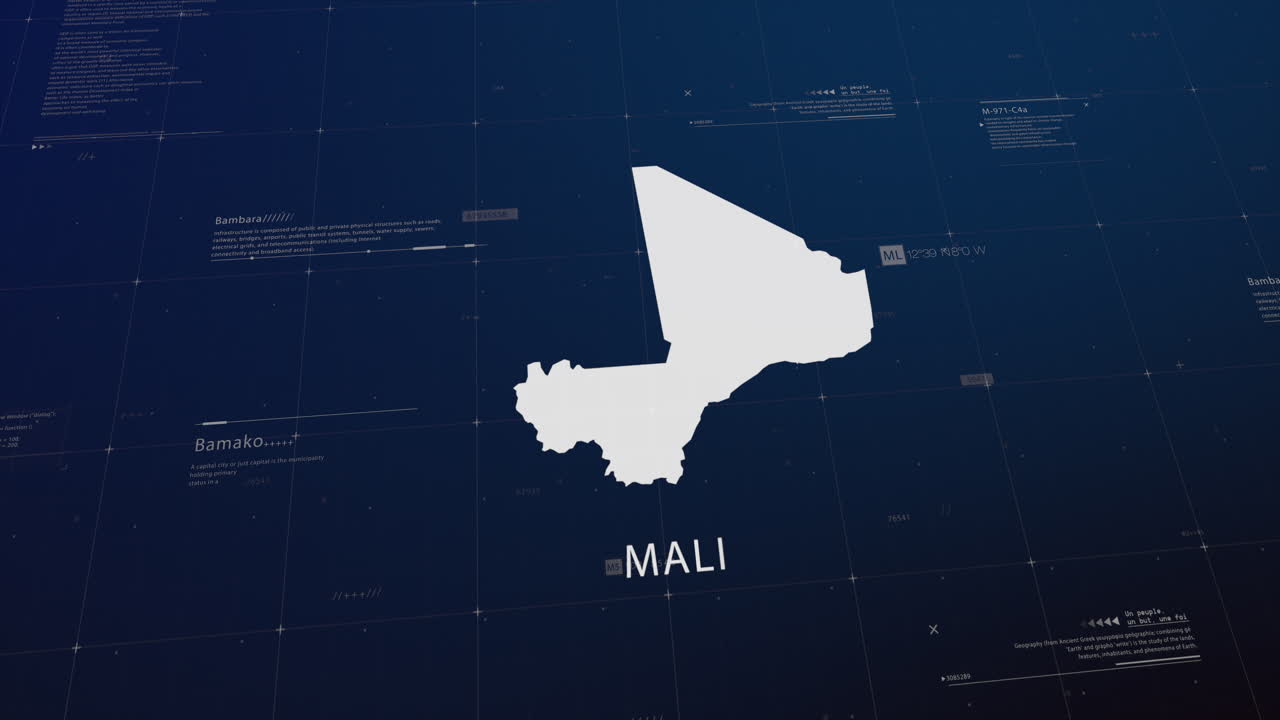 Mali country map comes to life with cinematic panning, unveiling key details, the capital, and slogan, providing an engaging background for corporate and commercial use