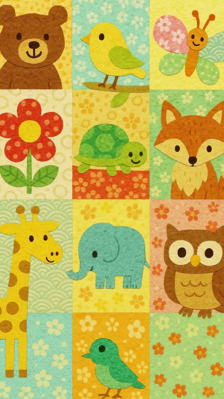 Colorful patchwork design featuring cute animals and flowers in a playful, cartoon style