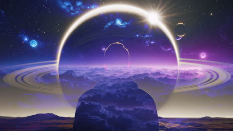 surreal cosmic landscape with ringed planet and celestial bodies